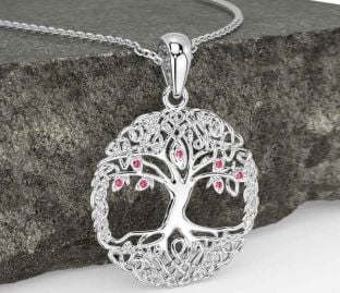 Pink Tourmaline White Gold Celtic Tree of Life Necklace