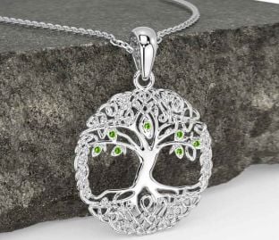 Peridot Bílý Zlato keltský Strom z Život Náhrdelník