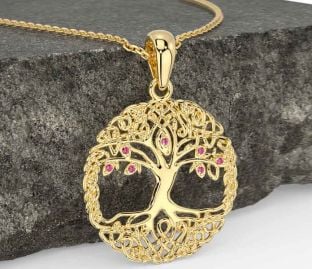 Pink Tourmaline Gold Celtic Tree of Life Necklace