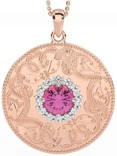 Diamond Pink Tourmaline Rose Gold Silver Celtic Warrior Necklace