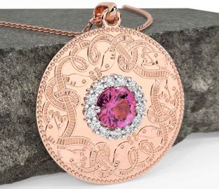 Diamond Pink Tourmaline Rose Gold Silver Celtic Warrior Necklace