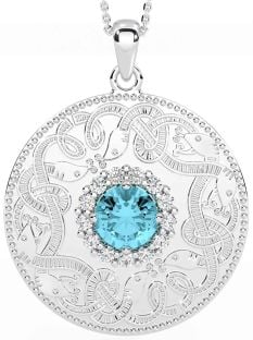 Diamond Aquamarine Silver Celtic Warrior Necklace