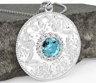 Diamond Aquamarine White Gold Celtic Warrior Necklace