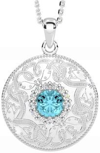 Diamond Aquamarine Silver Celtic Warrior Necklace