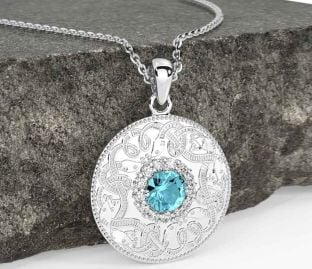 Diamond Aquamarine White Gold Celtic Warrior Necklace