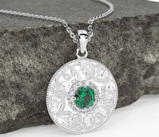 Diamond Emerald White Gold Celtic Warrior Necklace