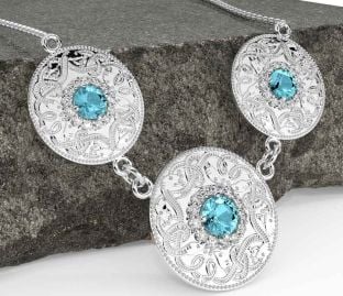 Diamond Aquamarine Silver Celtic Warrior Necklace