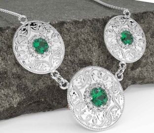 Diamond Emerald White Gold Celtic Warrior Necklace