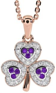 Diamond Amethyst Rose Gold Silver Shamrock Necklace