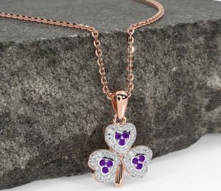 Diamond Amethyst Rose Gold Silver Shamrock Necklace