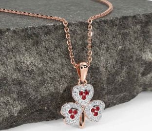 Diamond Ruby Rose Gold Silver Shamrock Necklace
