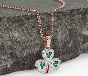 Diamond Emerald Rose Gold Shamrock Necklace
