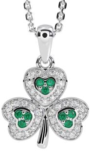 Diamond Emerald Silver Shamrock Necklace