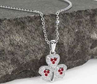 Diamond Ruby Silver Shamrock Necklace