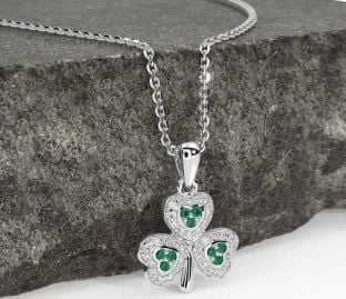 Diamond Emerald White Gold Shamrock Necklace