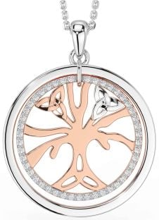 Diamond Rose Gold Silver Celtic Tree of Life Trinity Knot Necklace