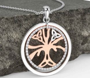 Diamond Rose Gold Silver Celtic Tree of Life Trinity Knot Necklace