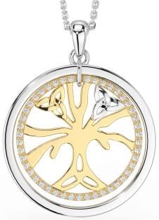 Diamond Gold Silver Celtic Tree of Life Trinity Knot Necklace