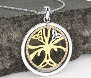 Diamond Gold Silver Celtic Tree of Life Trinity Knot Necklace