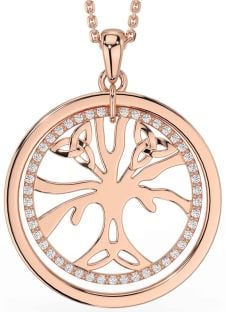 Diamond Rose Gold Silver Celtic Tree of Life Trinity Knot Necklace