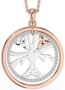 Diamond Rose Gold Silver Celtic Tree of Life Trinity Knot Necklace