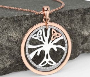 Diamond Rose Gold Silver Celtic Tree of Life Trinity Knot Necklace