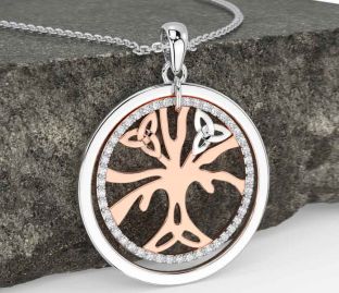 Diamond White Rose Gold Celtic Tree of Life Trinity Knot Necklace