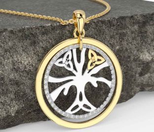 Diamond White Yellow Gold Celtic Tree of Life Trinity Knot Necklace