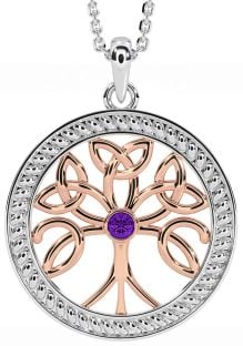 Amethyst Rose Gold Silver Celtic Tree of Life Trinity Knot Necklace