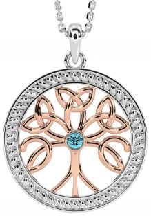 Aquamarine Rose Gold Silver Celtic Tree of Life Trinity Knot Necklace