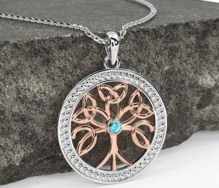 Aquamarine Rose Gold Silver Celtic Tree of Life Trinity Knot Necklace