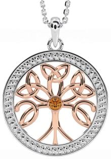 Citrine Rose Gold Silver Celtic Tree of Life Trinity Knot Necklace