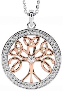 Diamond Rose Gold Silver Celtic Tree of Life Trinity Knot Necklace