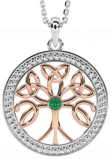 Emerald Rose Gold Silver Celtic Tree of Life Trinity Knot Necklace