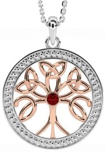 Garnet Rose Gold Silver Celtic Tree of Life Trinity Knot Necklace