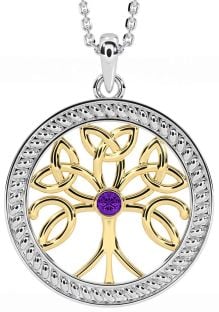 Amethyst Gold Silver Celtic Tree of Life Trinity Knot Necklace