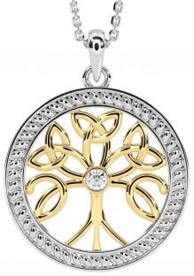 Diamond Gold Silver Celtic Tree of Life Trinity Knot Necklace