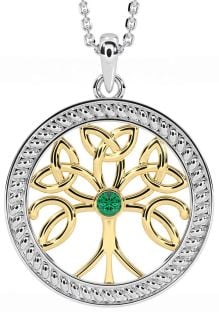 Emerald Gold Silver Celtic Tree of Life Trinity Knot Necklace