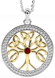 Garnet Gold Silver Celtic Tree of Life Trinity Knot Necklace