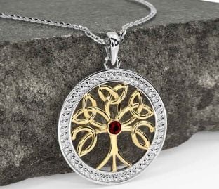 Garnet Gold Silver Celtic Tree of Life Trinity Knot Necklace