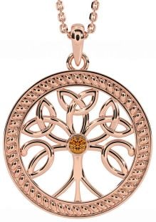 Citrine Rose Gold Silver Celtic Tree of Life Trinity Knot Necklace