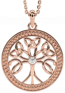 Diamond Rose Gold Silver Celtic Tree of Life Trinity Knot Necklace