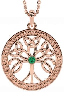 Emerald Rose Gold Silver Celtic Tree of Life Trinity Knot Necklace