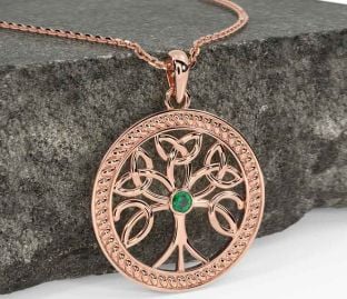 Emerald Rose Gold Silver Celtic Tree of Life Trinity Knot Necklace