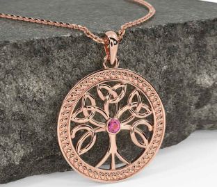 Pink Tourmaline Rose Gold Silver Celtic Tree of Life Trinity Knot Necklace
