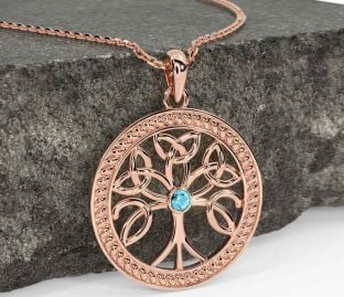 Aquamarine Rose Gold Celtic Tree of Life Trinity Knot Necklace