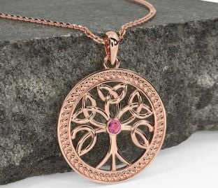 Pink Tourmaline Rose Gold Celtic Tree of Life Trinity Knot Necklace