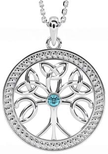 Aquamarine Silver Celtic Tree of Life Trinity Knot Necklace