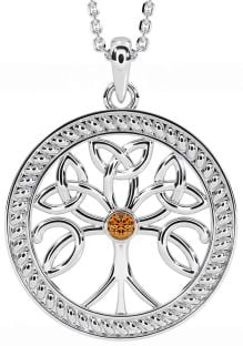 Citrine Silver Celtic Tree of Life Trinity Knot Necklace