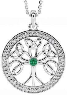 Emerald Silver Celtic Tree of Life Trinity Knot Necklace